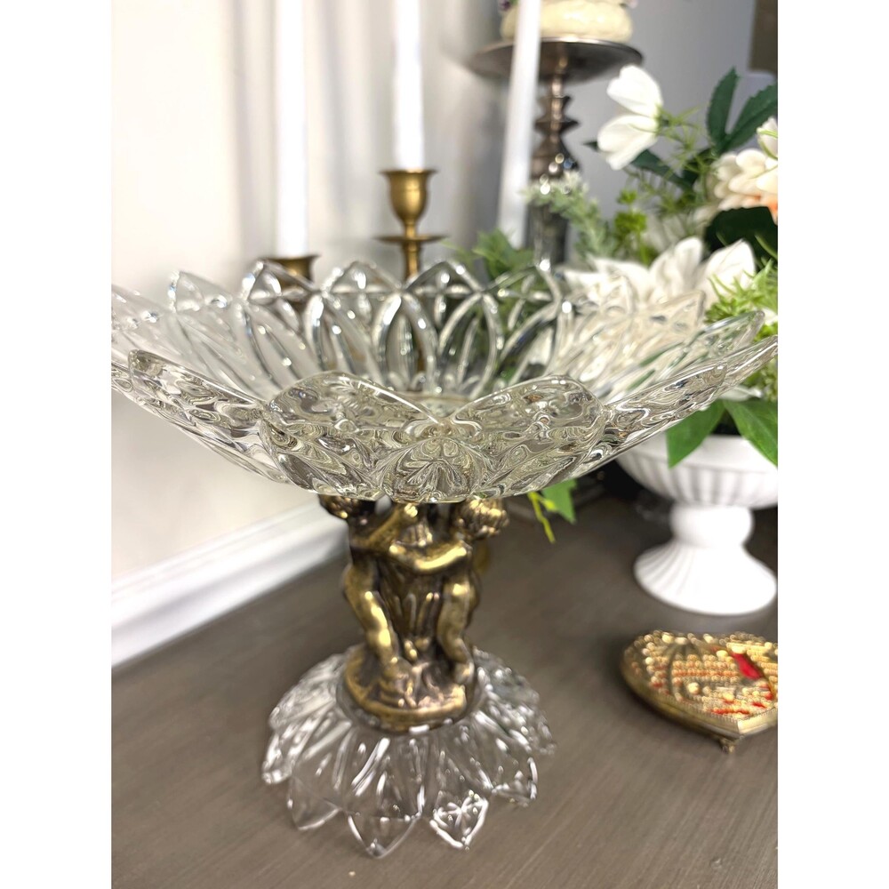 Crystal Cherub Crystal Centerpiece Dish Gilt Brass Putti Pedestal Table Stand